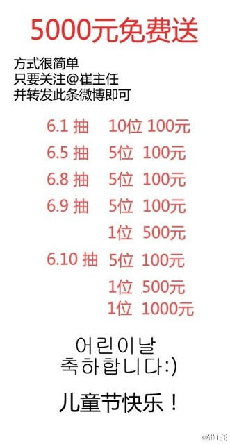 崔主任六一嗨翻天微博转发抽奖送总额5000元现金红包