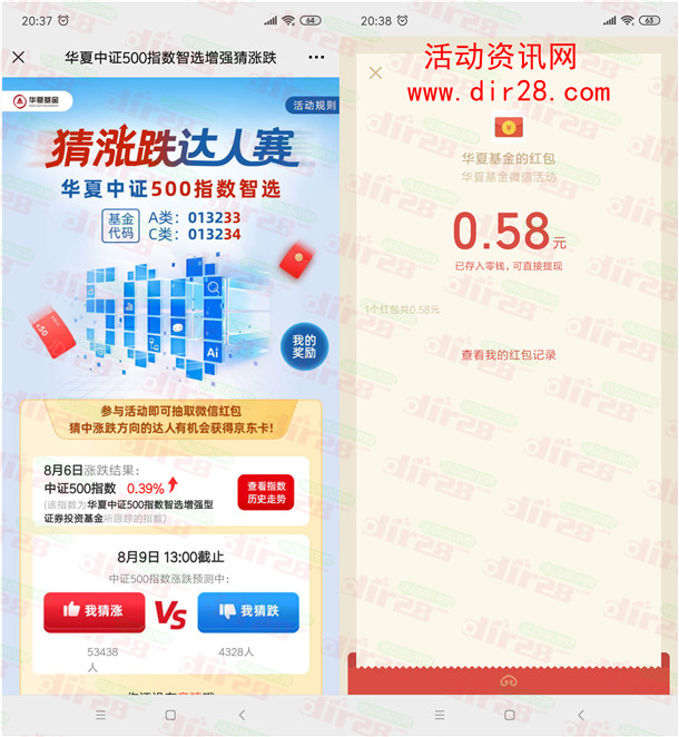 华夏基金猜涨跌达人赛抽微信红包、50元京东卡 亲测中0.58元 - 吾爱软件库